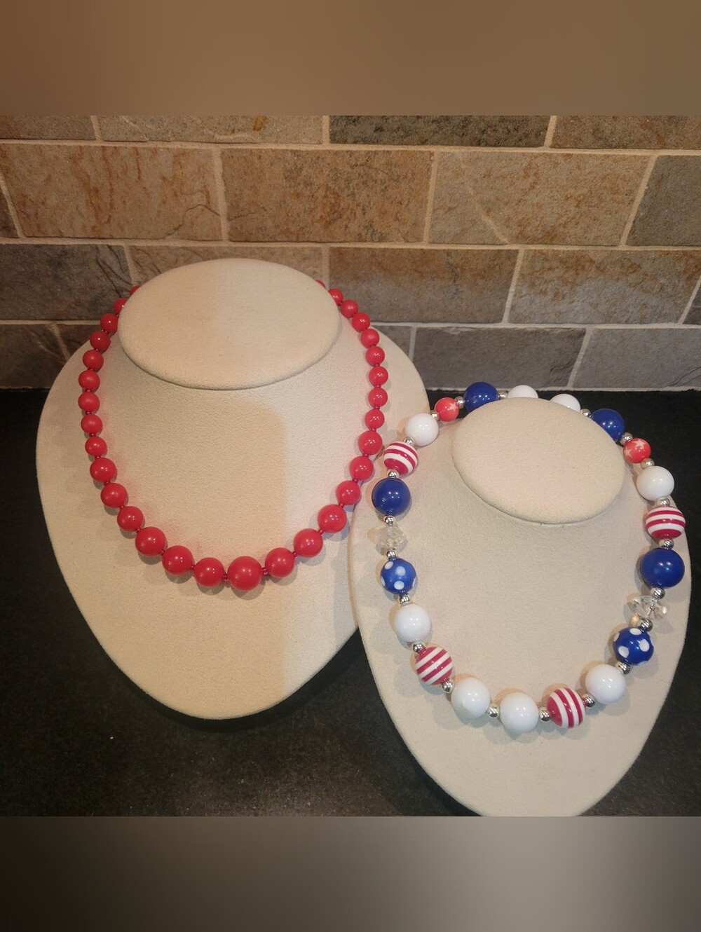 2 - Vintage Beaded Necklaces, 1 - Red and 1 - Red White Blue Patriotic Choker